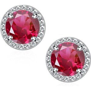 July 18k White Gold Ruby Birthstone Diamond Halo Stud Earrings S925 Gem Gift